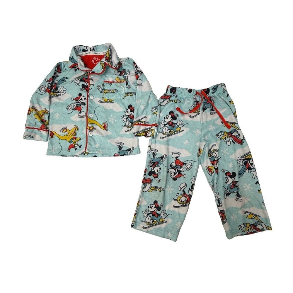 Disney 100 Mickey Minnie Pajamas 2T Blue Ski Snow Winter 2 Pc Set